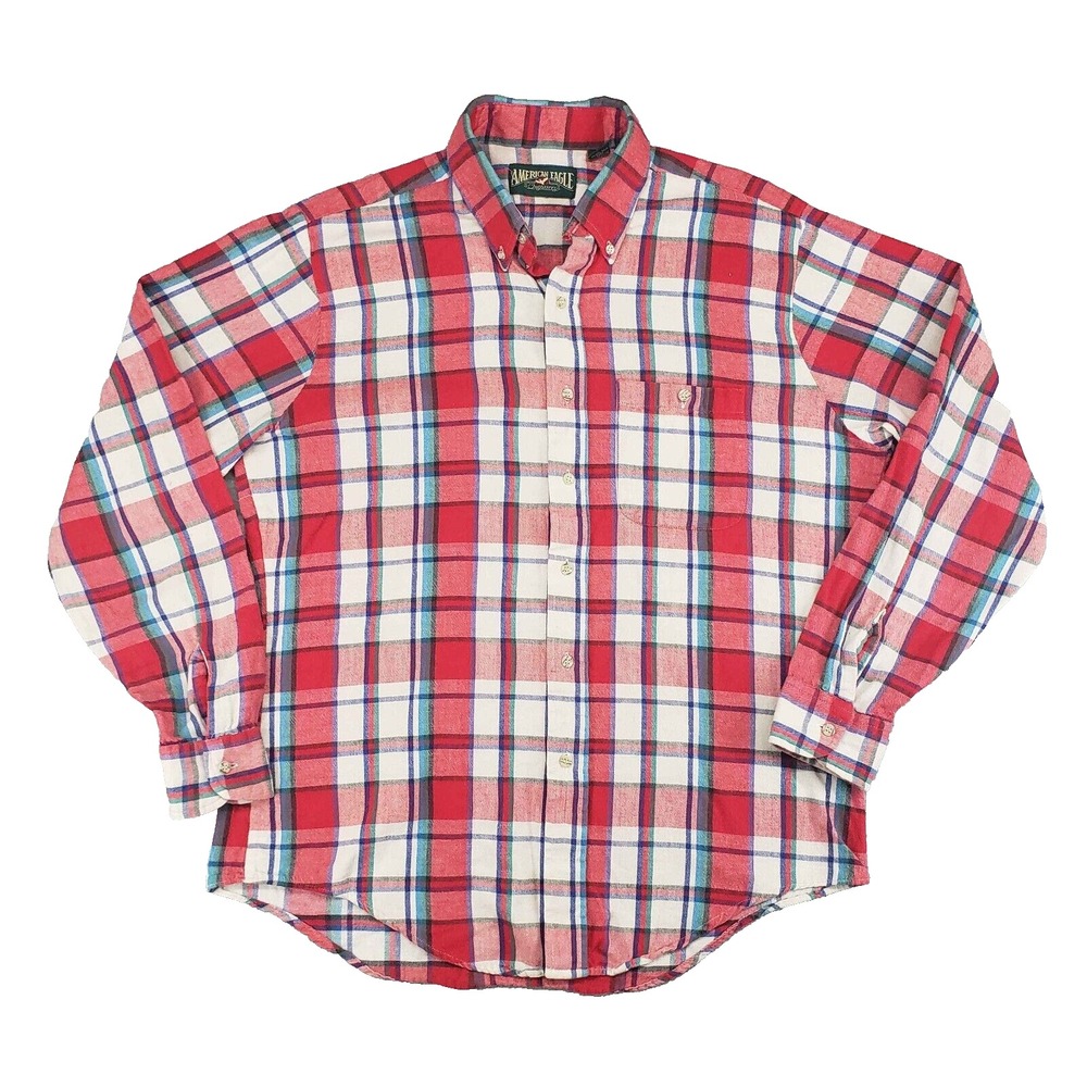 American Eagle Vintage 90s Flannel Shirt Red Plaid mens L USA‎ Cotton